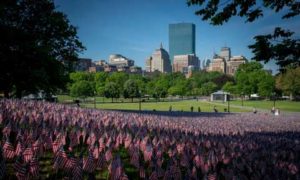 Memorial Day flags covering the foreground and the cityline of Boston in the background